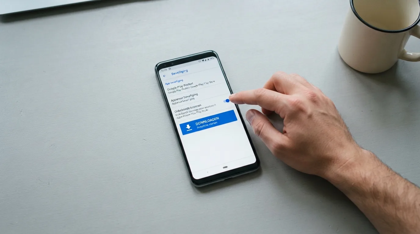 Een Android-instellingenscherm met de schakelaar voor onbekende bronnen en een APK-downloadknop.