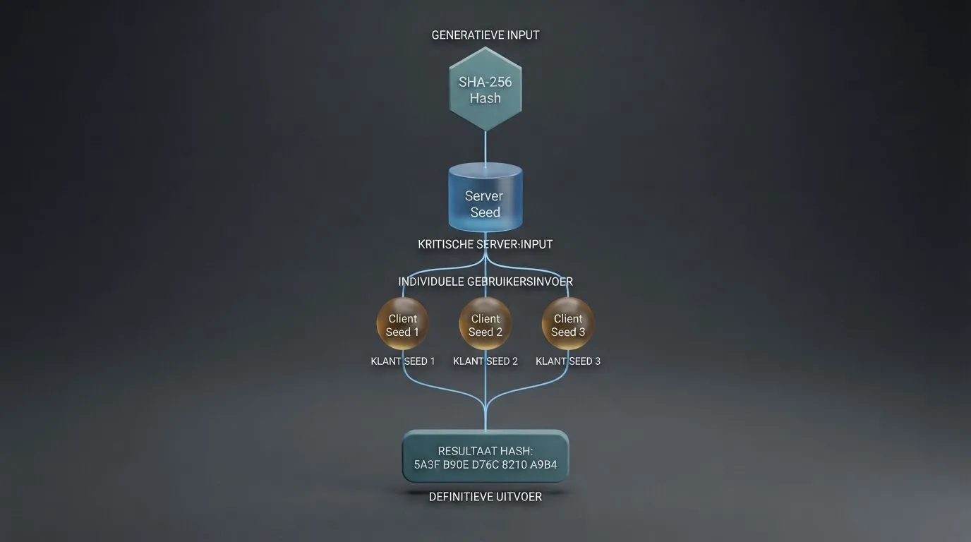 Een technisch schema dat de keten van SHA-256-hash, server seed en drie client seeds toont die samen het crashpunt van een ronde bepalen