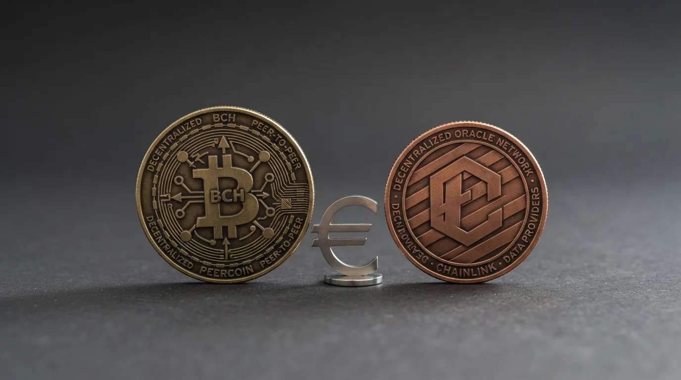 Twee munten naast elkaar — Bitcoin Cash en Bitcoin — met een kostensymbool ertussen