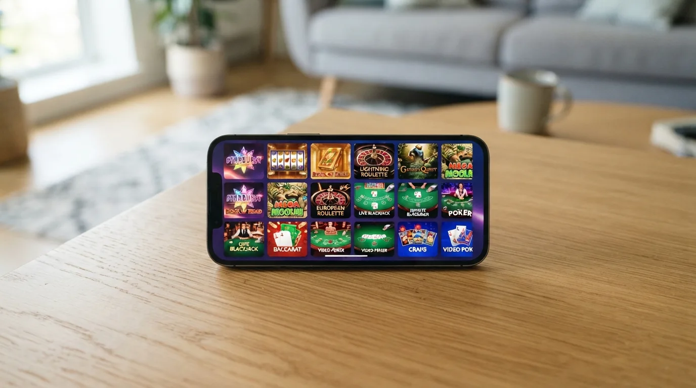Tien casino-logo's naast elkaar op een smartphonescherm