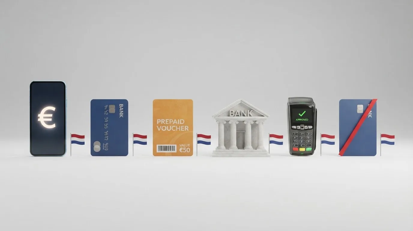 Een overzichtelijke rij van vijf betaaliconen — iDEAL, Trustly, PayPal, paysafecard en bankoverschrijving — elk met het Nederlandse vlaggetje en een groen vinkje, Neteller ernaast doorgestreept