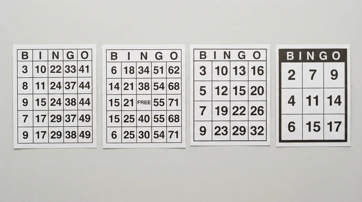 Vier bingokaarten naast elkaar met een raster van 90, 75, 80 en 30 vakjes