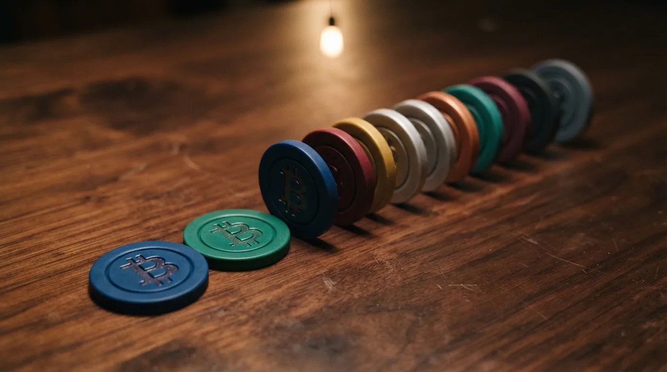 Tien casino-fiches op een rij, de voorste twee omgedraaid met een Bitcoin-symbool