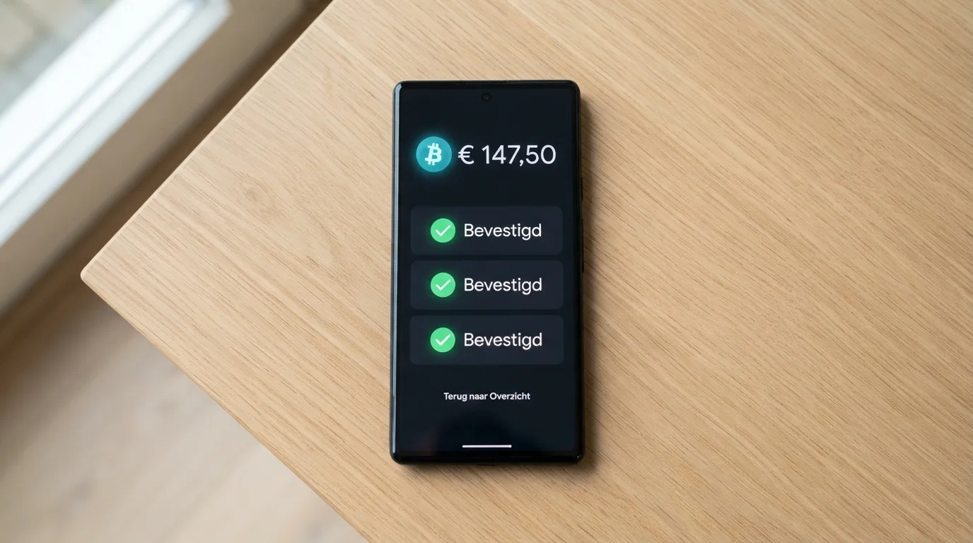 Een smartphone met een bitcoin-transactie en drie bevestigingsvinkjes