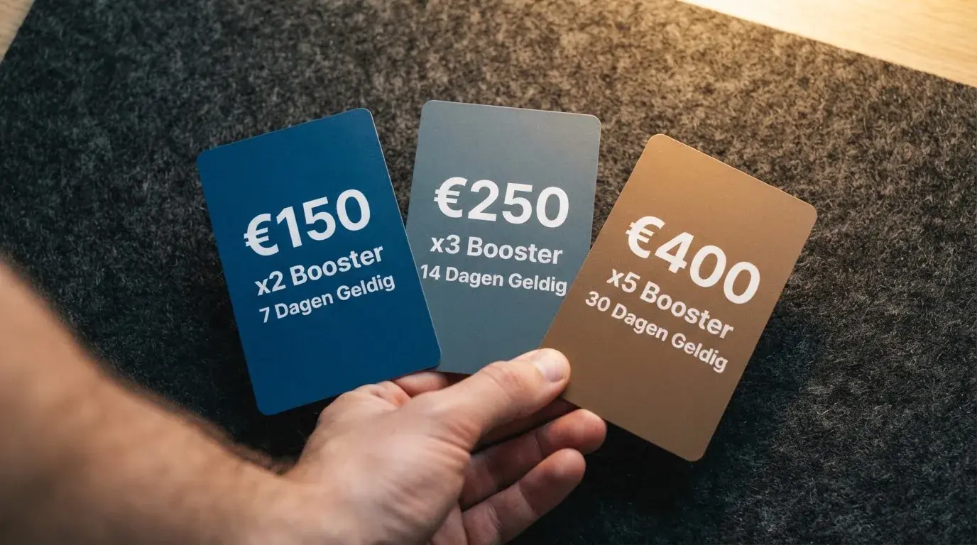 Een overzicht van drie Nederlandse casino-bonuskaarten met daarop het bonusbedrag, de rondspeelvoorwaarde en de geldigheidsduur naast elkaar