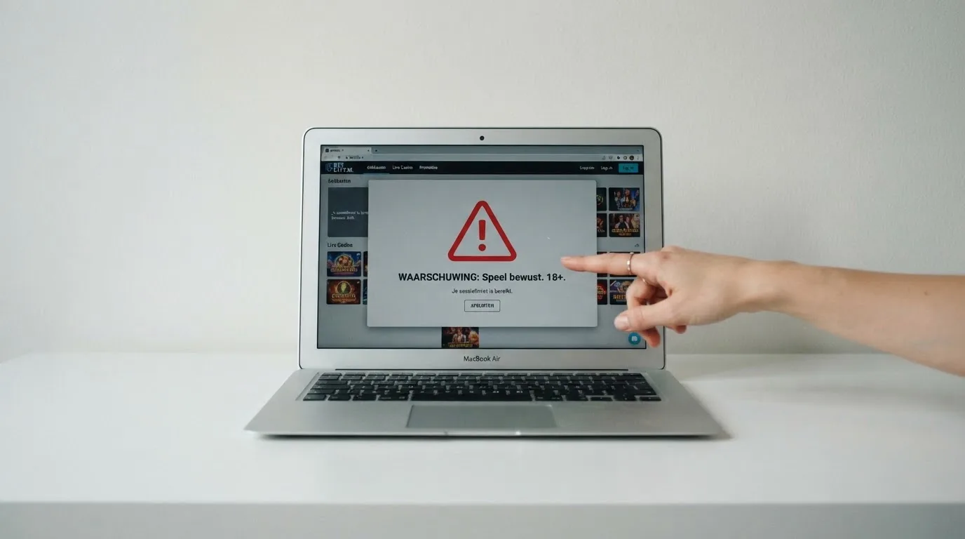 Een laptopscherm met een casino-website en een waarschuwingsicoon voor een ontbrekende Ksa-vergunning