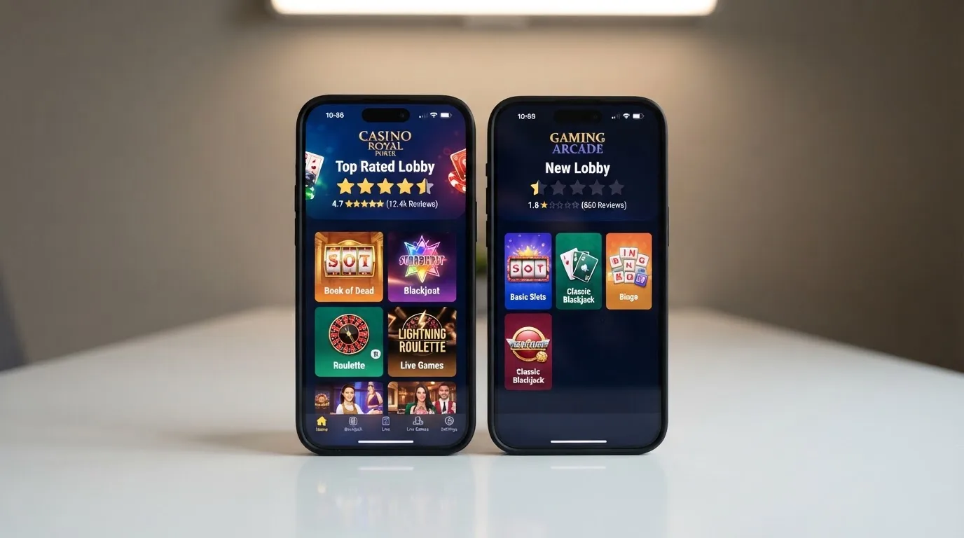Twee Android-telefoons naast elkaar met verschillende casino-apps en beoordelingssterren in de app-store.