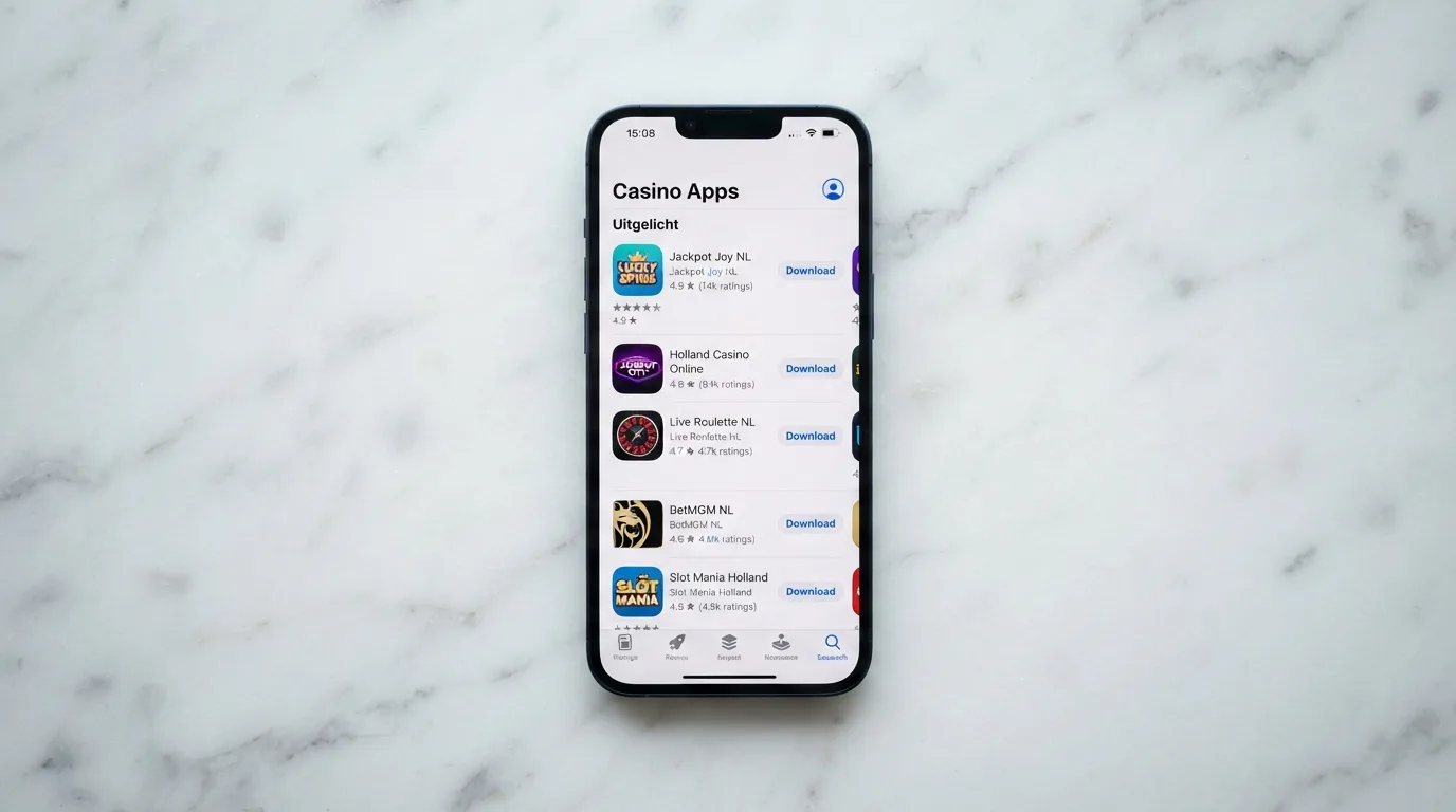 Ranglijst van casino-apps met sterrenbeoordelingen en downloadknop op een iPhone-scherm