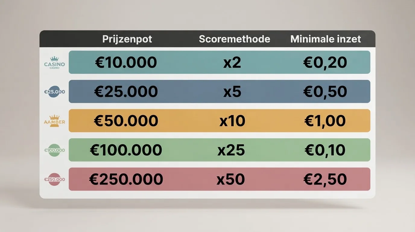 Een vergelijkingstabel met Nederlandse casino's als rijen en kolommen voor prijzenpot, scoremethode en minimale inzet
