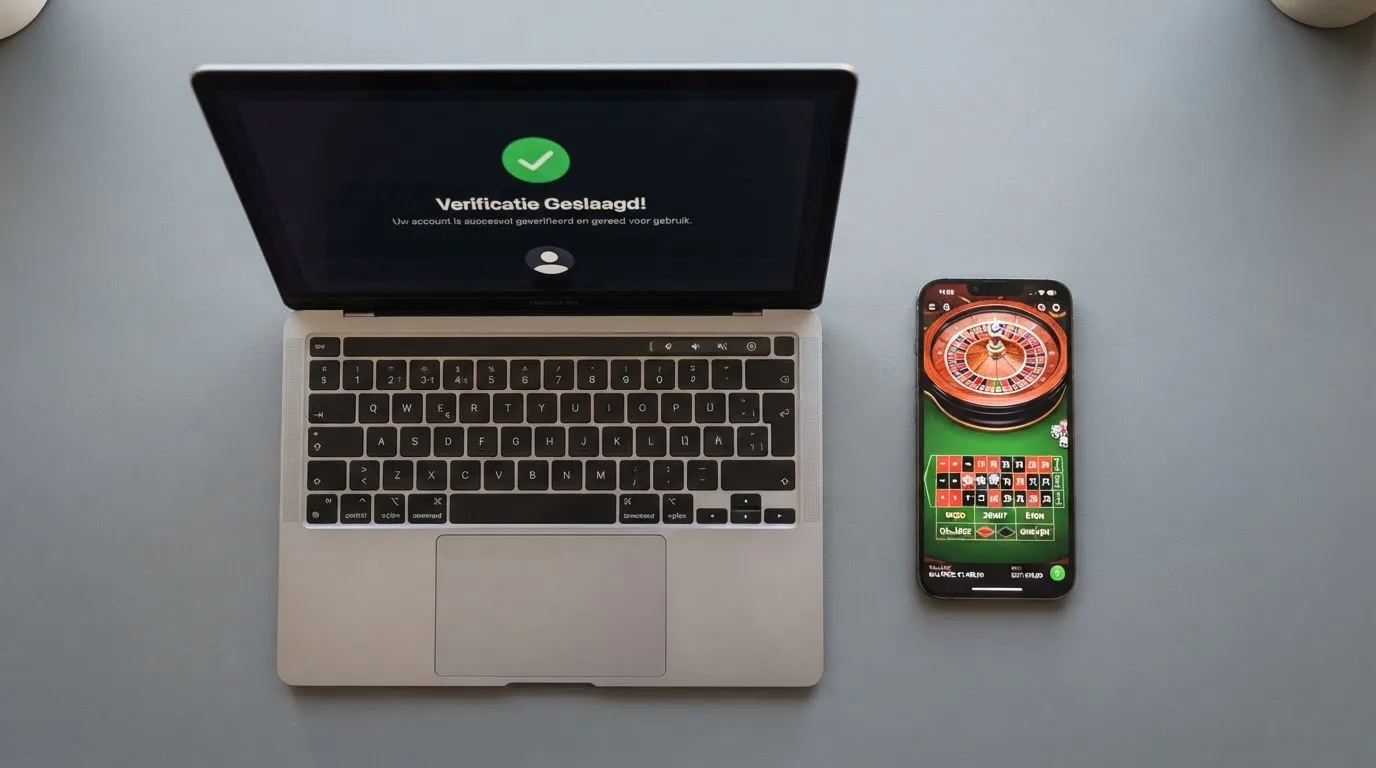 Het Cruks-register op een scherm naast een smartphone met een casino-app