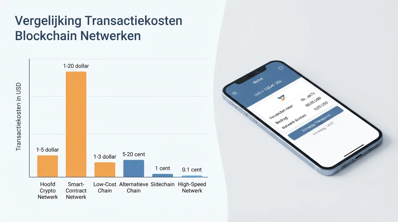 Een vergelijkingstabel met zes blockchain-netwerken en hun transactiekosten in dollars, naast een bitcoin-wallet op een telefoonscherm