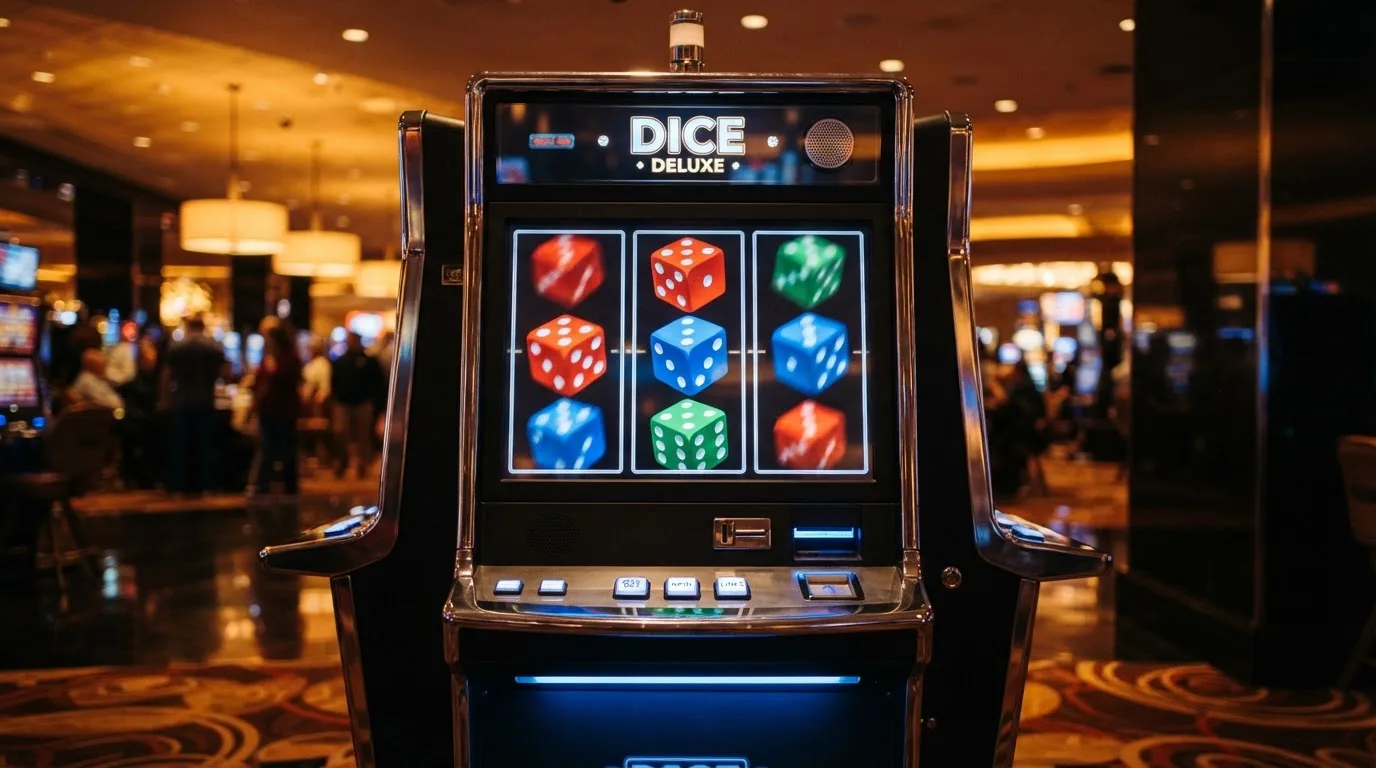 Een rij kleurrijke dice-slots met dobbelstenen op een casinascherm
