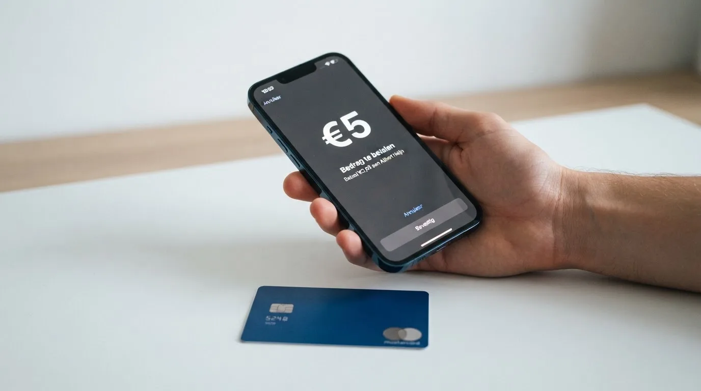 Een smartphone toont het iDEAL-betaalscherm met een laag stortingsbedrag, naast een Nederlandse bankpas op een helder oppervlak