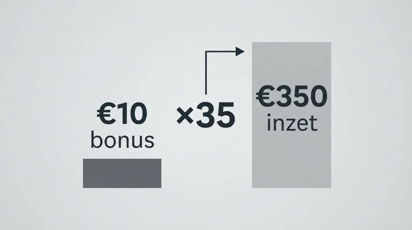Een rekenvoorbeeld naast een bonusbanner: €10 bonus maal 35x inzetvereiste wordt €350