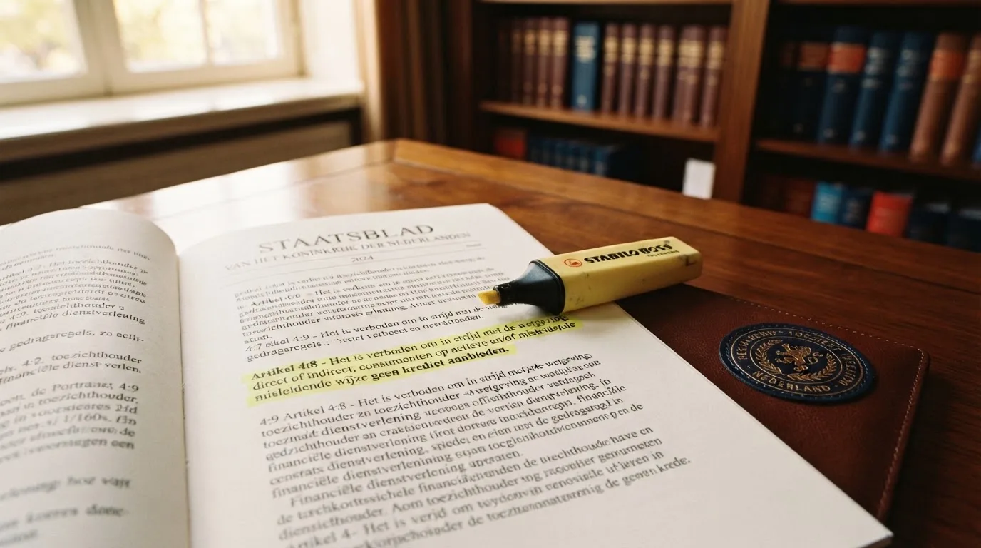 Een opengeslagen wettekst met een markeerstift over “geen krediet aanbieden”, met het logo van de Kansspelautoriteit ernaast