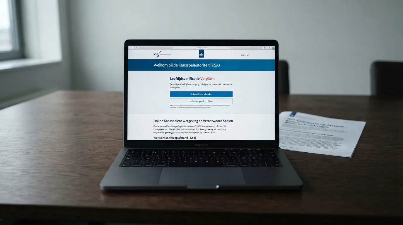 Het logo van de Kansspelautoriteit op een overheidswebsite, met op de achtergrond een document met de titel 'Wet kansspelen op afstand'
