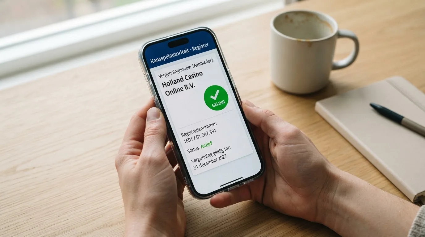 Mobiel scherm met het Ksa-vergunningenregister en een groen vinkje bij een aanbieder