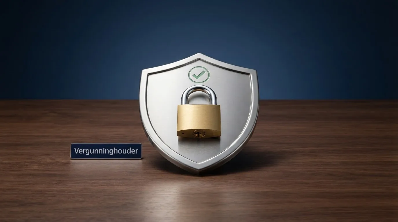 Het logo van de Kansspelautoriteit naast een slot-icoon en het Cruks-logo op een scherm, met de tekst “Vergunninghouder” zichtbaar.