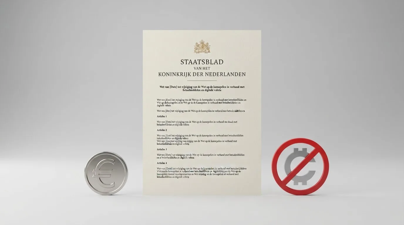 Het logo van de Kansspelautoriteit naast een euroteken en een doorgestreept bitcoin-symbool op een juridisch document
