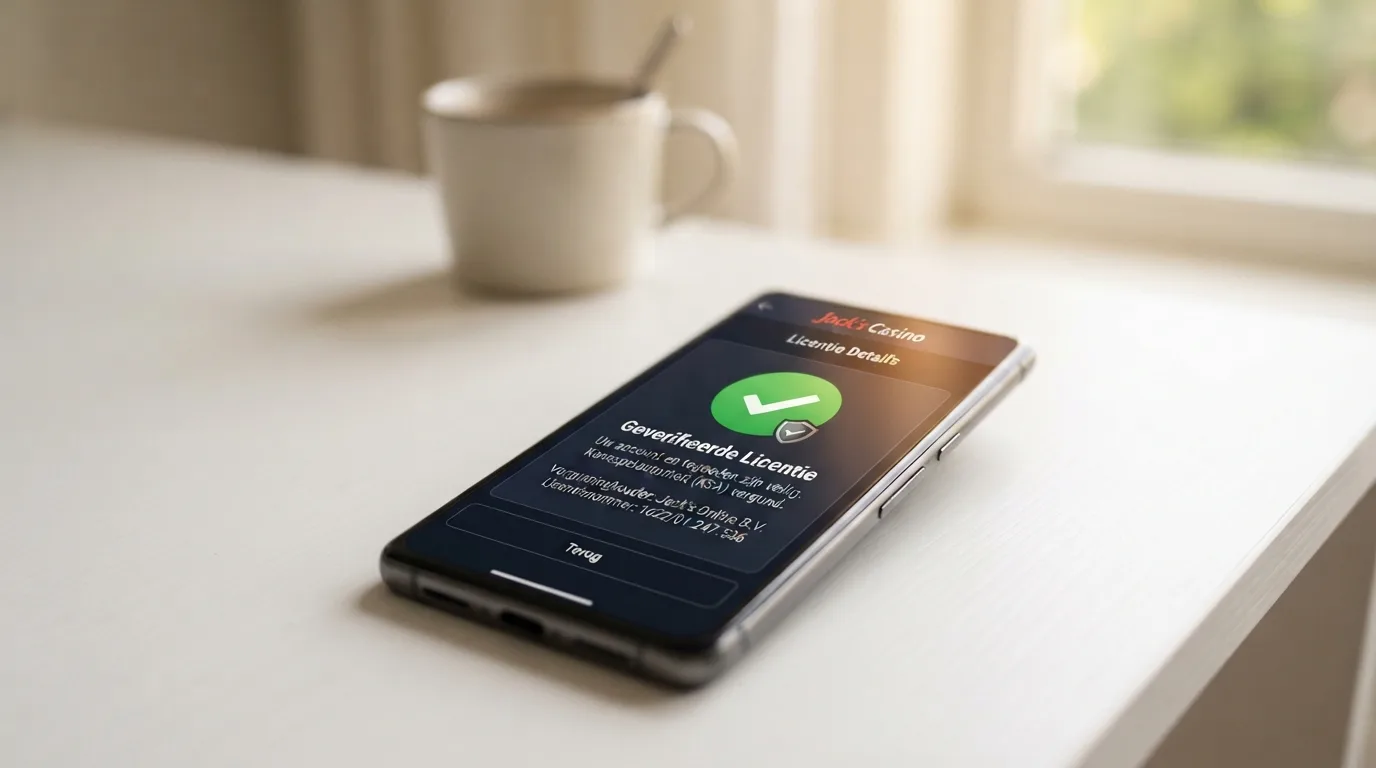 Detail van een casino-app-scherm met het keurmerk van de Kansspelautoriteit en een groen vinkje