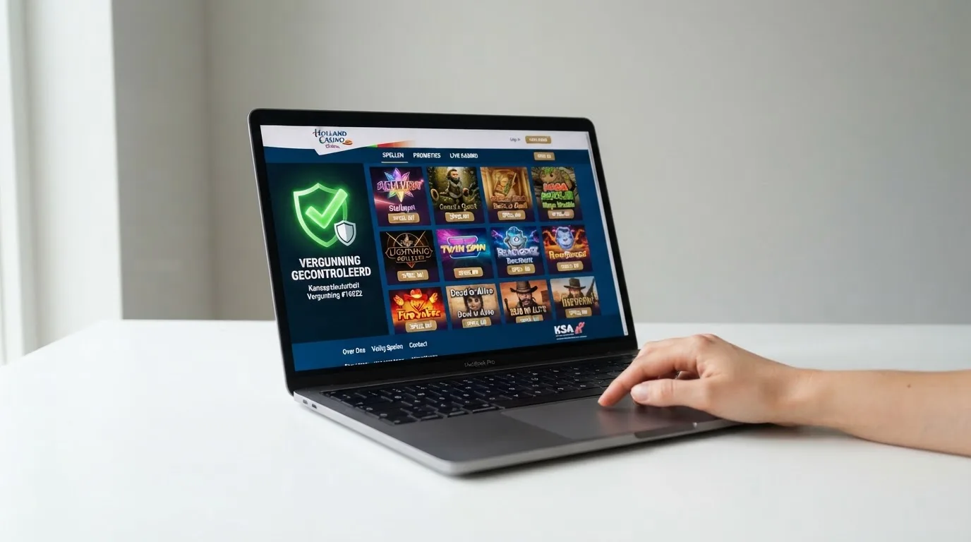 Een laptop met een Nederlandse online casino-lobby en een groen vergunningsvinkje.