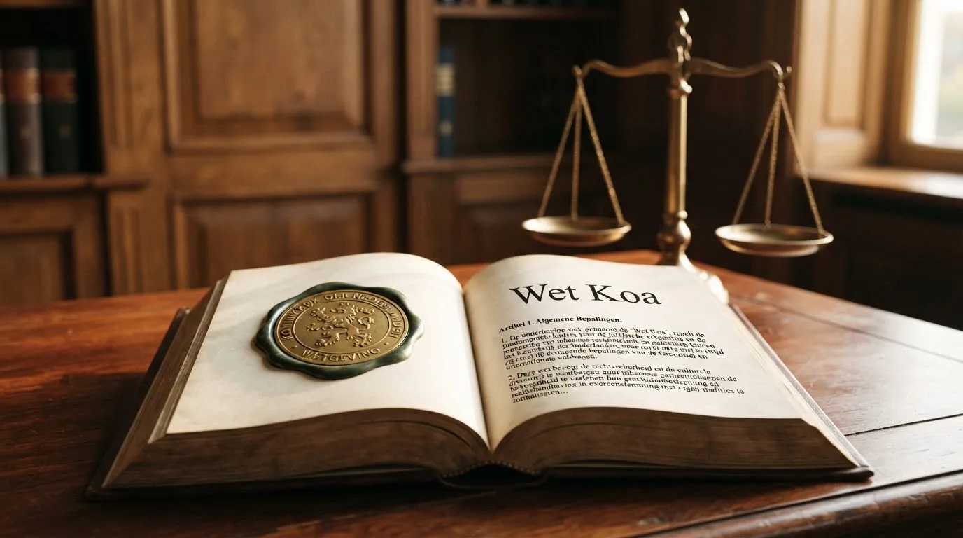 Het logo van de Kansspelautoriteit naast een opengeslagen wettekst met het woord 'Wet Koa' leesbaar, op de achtergrond een subtiele weegschaal