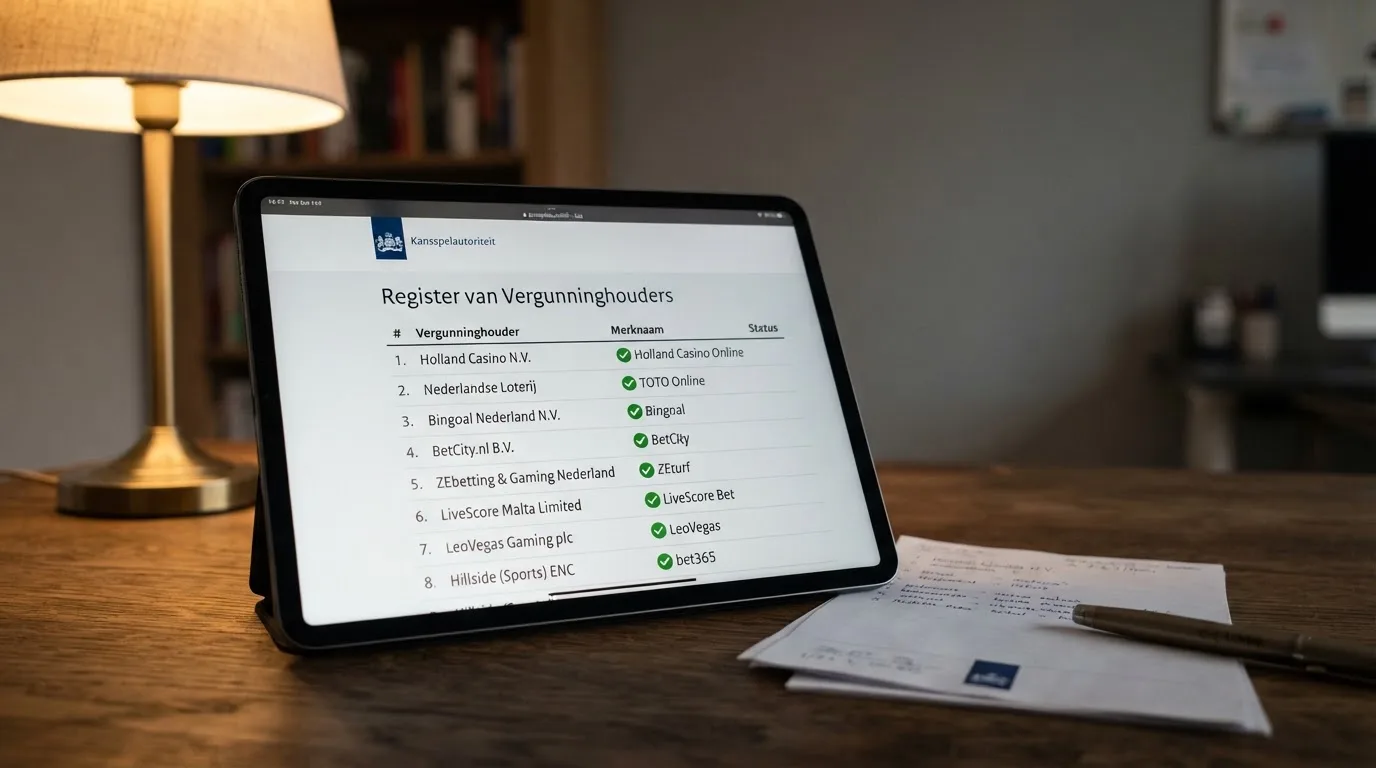 Een scherm van het Ksa-register toont een vergunninghouder met vergunningsnummer en looptijd.
