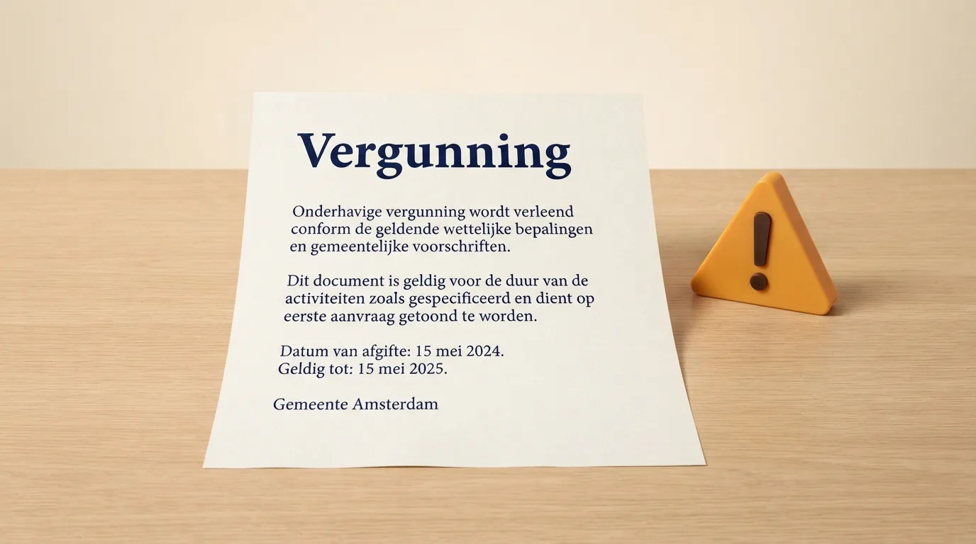 Een document met het woord vergunning naast een waarschuwingsicoon