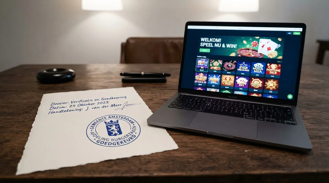Een document met een Ksa-stempel naast een casino-website zonder vergunning.