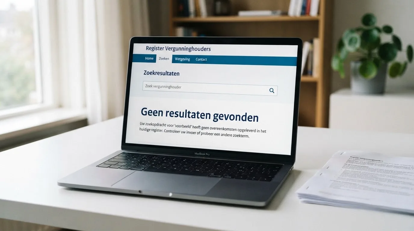 Het Ksa-vergunningenregister op een scherm, zonder MiFinity-casino in de lijst