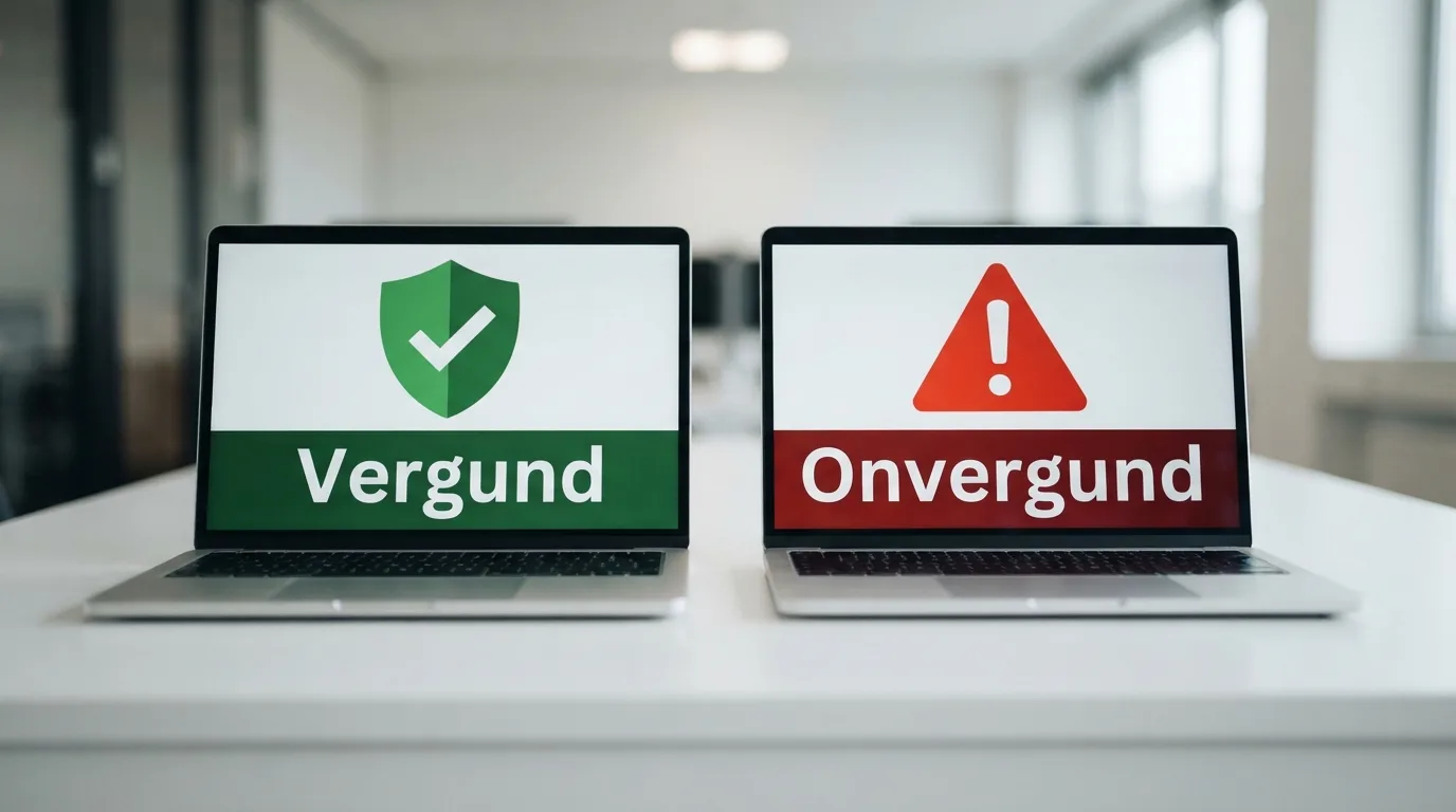 Twee schermen naast elkaar: links een casino met vergunningskeurmerk, rechts een onvergund casino zonder keurmerk