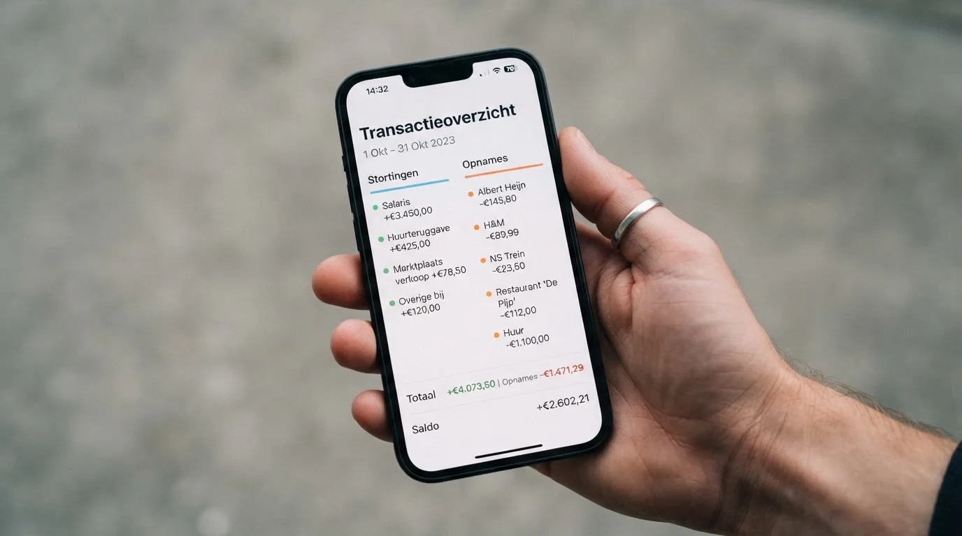 Een transactieoverzicht in de MiFinity-wallet met stortings- en opnamebedragen