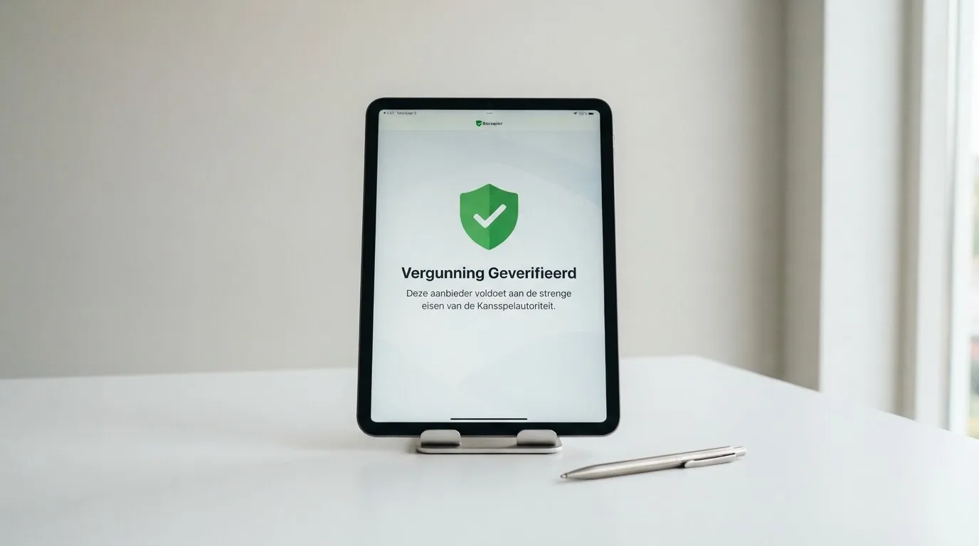 Een tablet met het Kansspelautoriteit-logo en de Kansspelwijzer-interface op het scherm