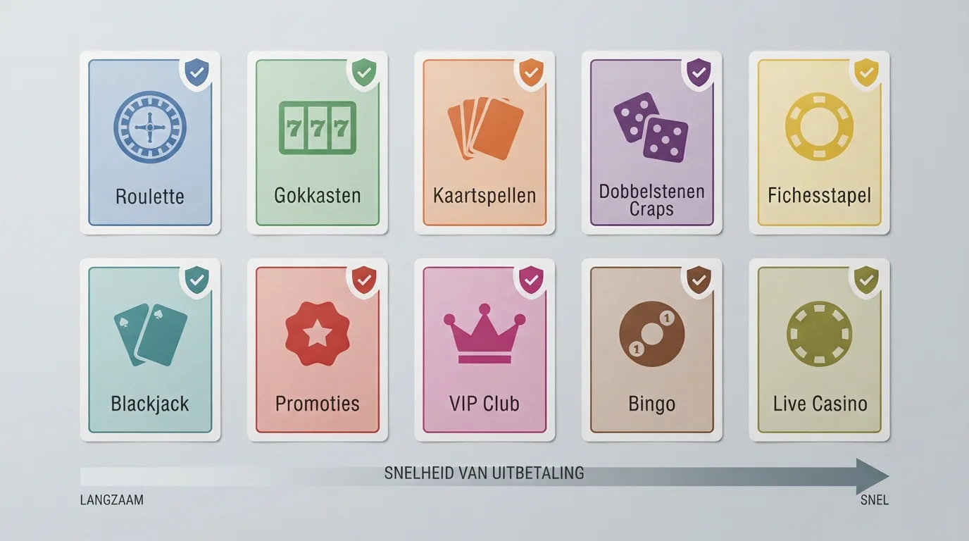 Een raster van logo's van Nederlandse online casino's met het Ksa-keurmerk ernaast, gesorteerd op uitbetalingssnelheid.