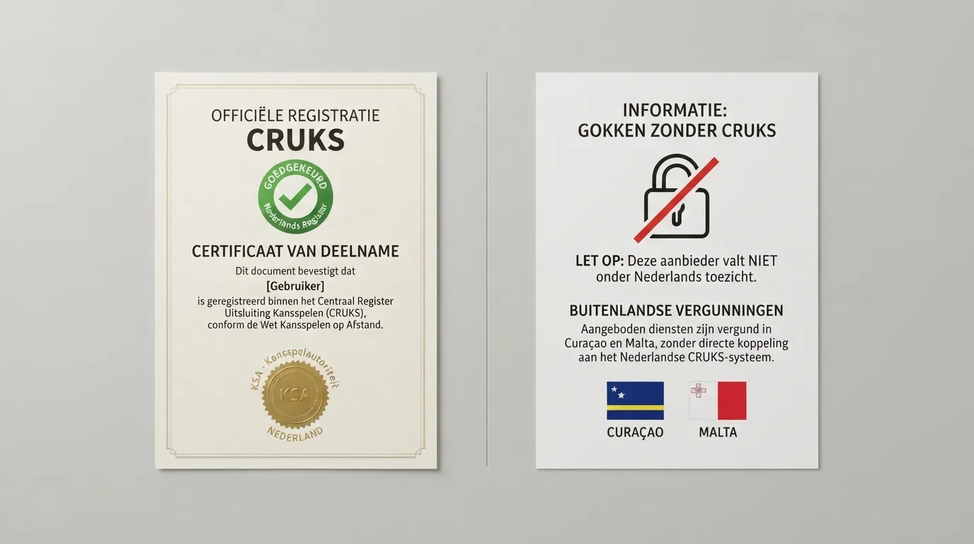 Een zij-aan-zij-vergelijking: links een document met het Ksa-logo en een vinkje bij “Cruks”, rechts een scherm met een doorgehaald slot en de vlaggen van Curaçao en Malta