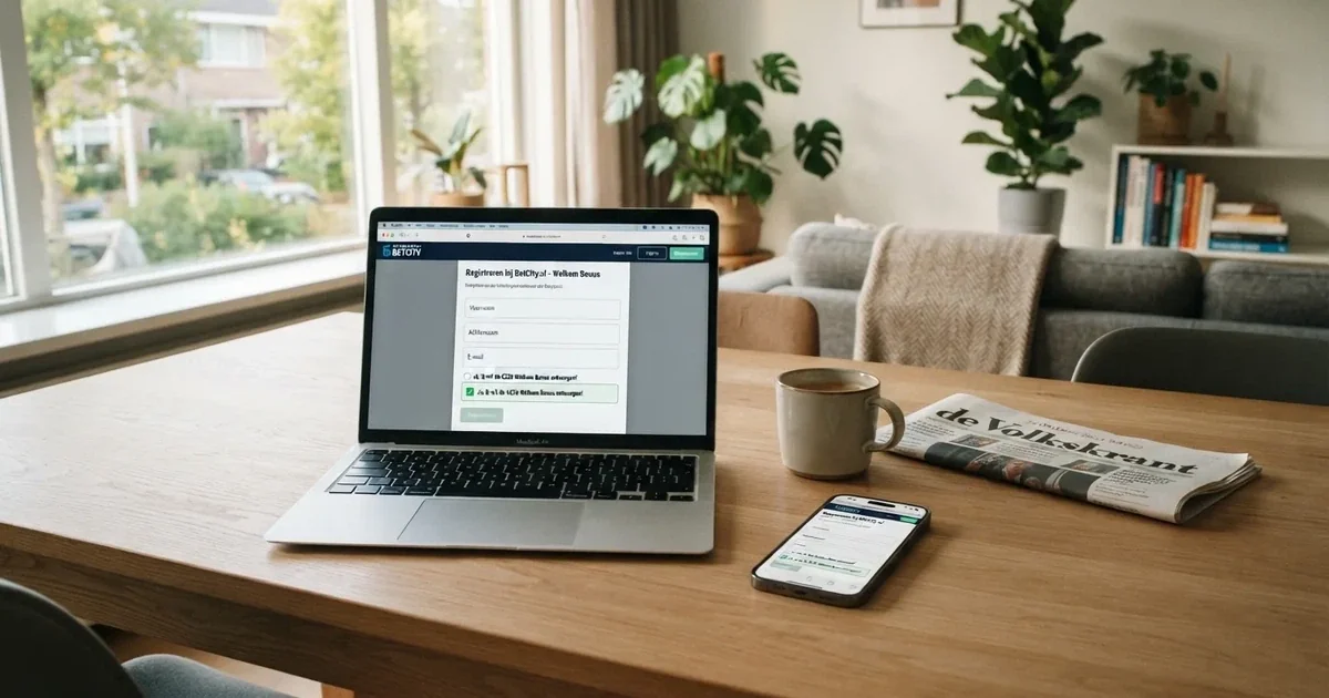 Een Nederlands online casino registratiescherm op een laptop met het bonus-opt-invinkje zichtbaar, naast een smartphone met dezelfde pagina