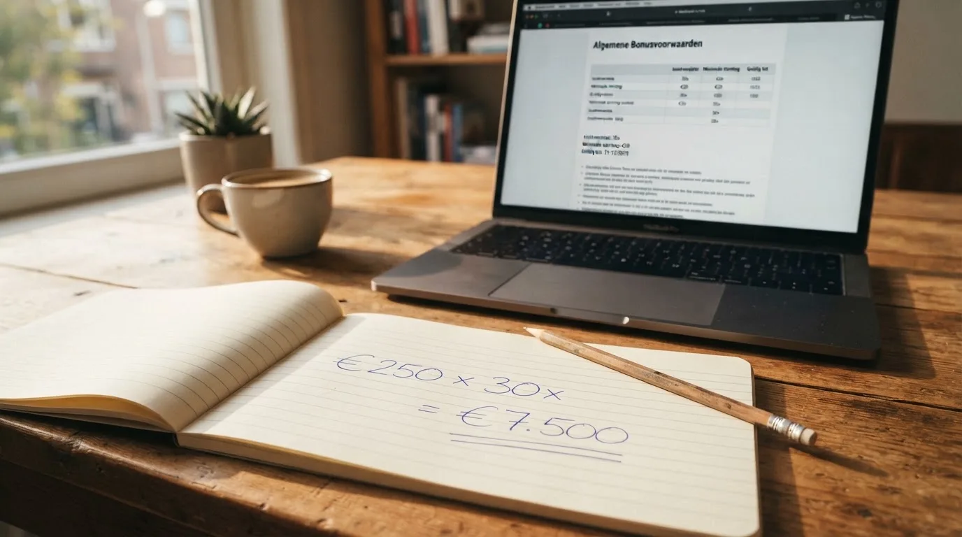 Een notitieblok naast een open laptopscherm met een casino bonusvoorwaardenpagina, met '€250 × 30x = €7.500' op het notitieblok geschreven