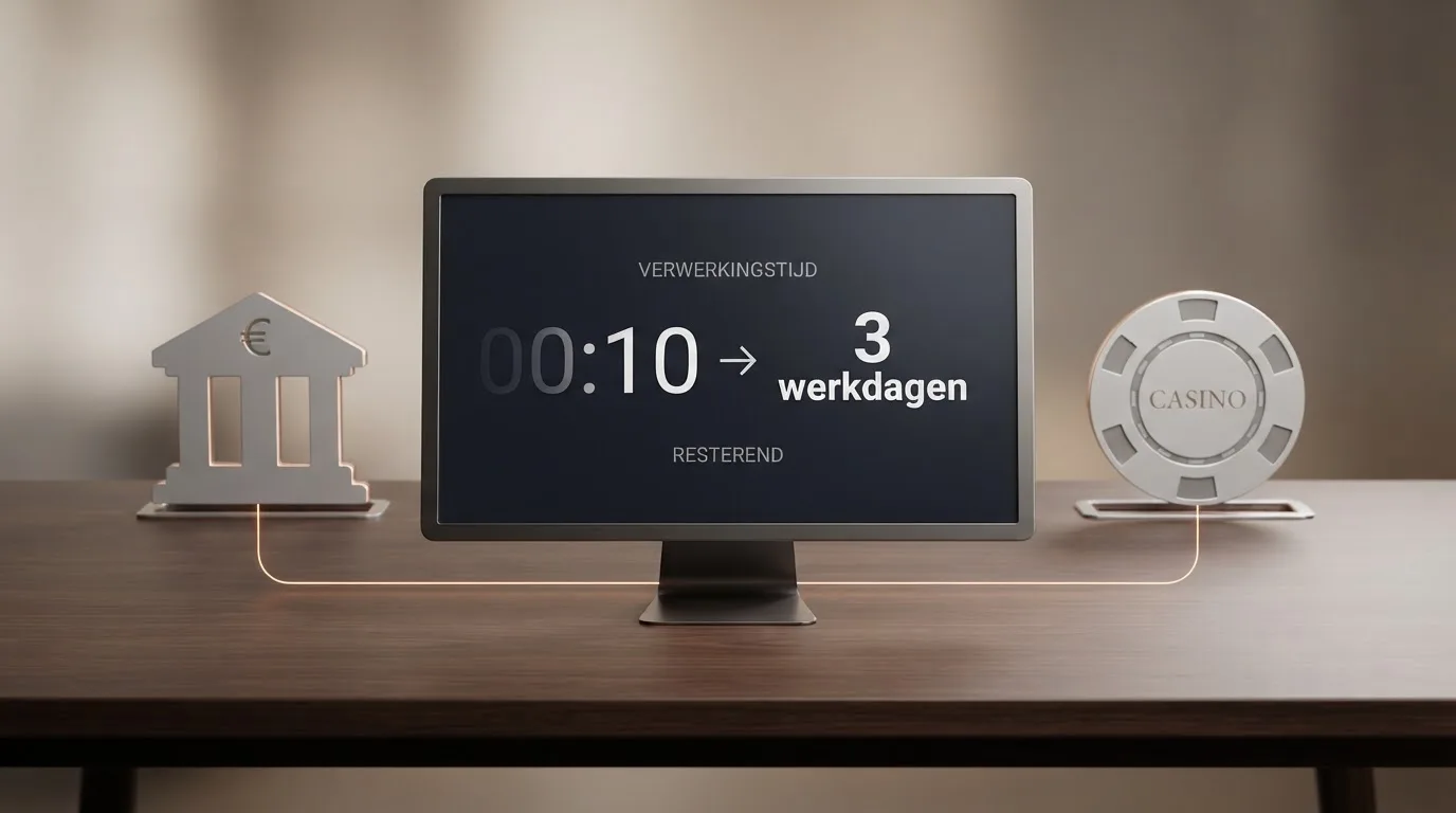 Een digitale timer die van 10 seconden naar 3 werkdagen telt, met daarachter een banklogo en een casino-logo.