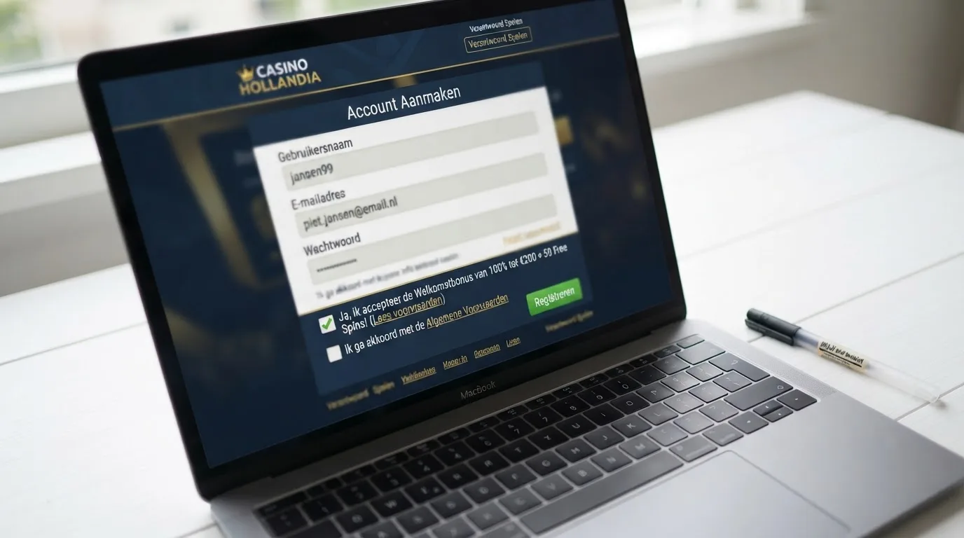 Een close-up van een registratieformulier van een Nederlands online casino met het aanvinkveld voor de welkomstbonus prominent in beeld